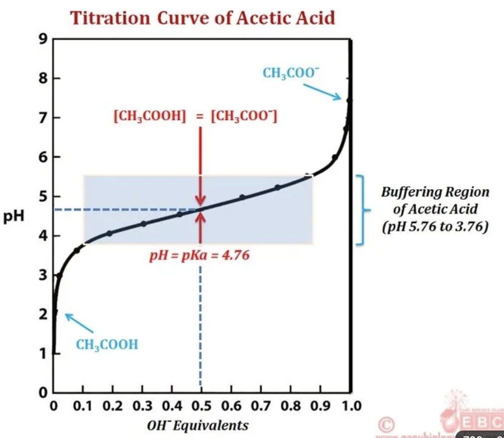 Titration curve of acetic acid: pH (0–9) plotted against OH⁻ equivalents added (0–1). The curve starts near pH 2–3, rises, then flattens into a buffering plateau centered at 0.5 equivalents where pH = pKa = 4.76 (buffering region pH 3.76 to 5.76, shaded). It then rises steeply again approaching 1.0 equivalents — the equivalence point and the curve's inflection point — before leveling off near pH 7.5–8, where the solution is mostly CH₃COO⁻.